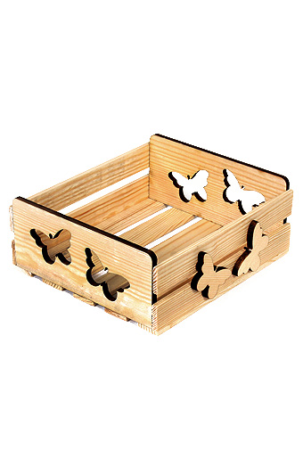 Коробка деревянная 125/110-93 лоток прямоуг. с резными ручками- бабочки натуральные